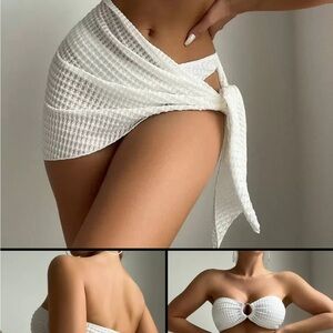 White Textured Strapless Bikini Set with Wrap Skirt